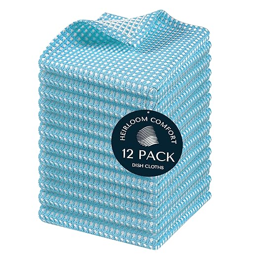 12 Pack Dual Tone Waffle Weave Dish Cloth, 12x12 Inches, 100% Cotton, Super Absorbent, Fast Dry, Durable Dishcloth Set, Soft Hand Towels, Cleaning, Machine Washable, Aqua Blue