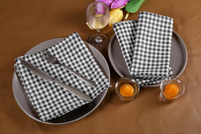 Native Fab Set of 4 Gingham Mini Check Cloth Dinner Napkins 100% Cotton 16x16 inches Soft Comfortable Absorbent Restaurant Hotel Quality - Easy Care Washable Wedding Daily Everyday Use - Black
