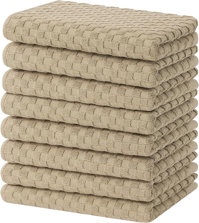 Homaxy 100% Cotton Terry Kitchen Towels(15" x 25", 8 Pack), Soft and Super Absorbent Dish Towels, 380 GSM Reusable Tea Towel with Hanging Loop, Pineapple Grid Designed, Tan