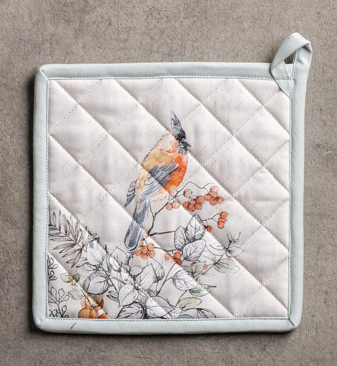 Maison d' Hermine Pot Holders Set 100% Cotton Heat Resistant Potholders 8" x 8" Hot Pads with Loop for Thanksgiving Christmas Decorations Baking Handling Hot Pans (Pack of 2, Whitish Shabby Chique)