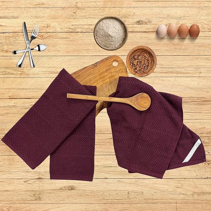 Serafina Home Purple Burgundy Wine Kitchen Hand Dish Towels: Oversized 28" x 18",100% Cotton Cloth Soft Cleaning Drying Absorbent Textured Design, Set of 3 Multipurpose for Everyday Use (Wine)