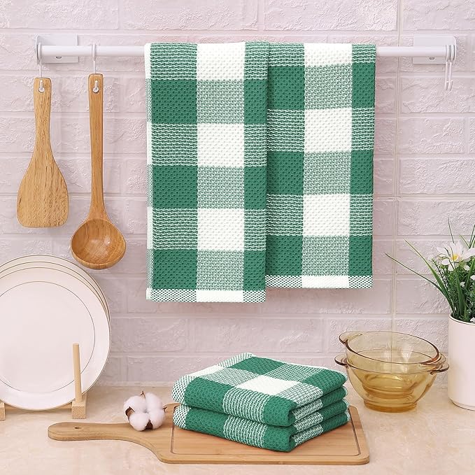 Mordimy 100% Cotton Waffle Weave Kitchen Towels, 13 x 28 Inches, Super Soft and Absorbent Buffalo Check Dish Towels for Drying Dishes, 4-Pack, White & Dark Green