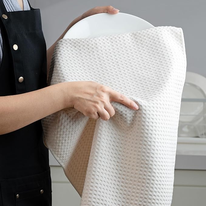 POLYTE Ultra Premium Microfiber Kitchen Dish Hand Towel Waffle Weave, 8 Pack (16x28 in, Off White)