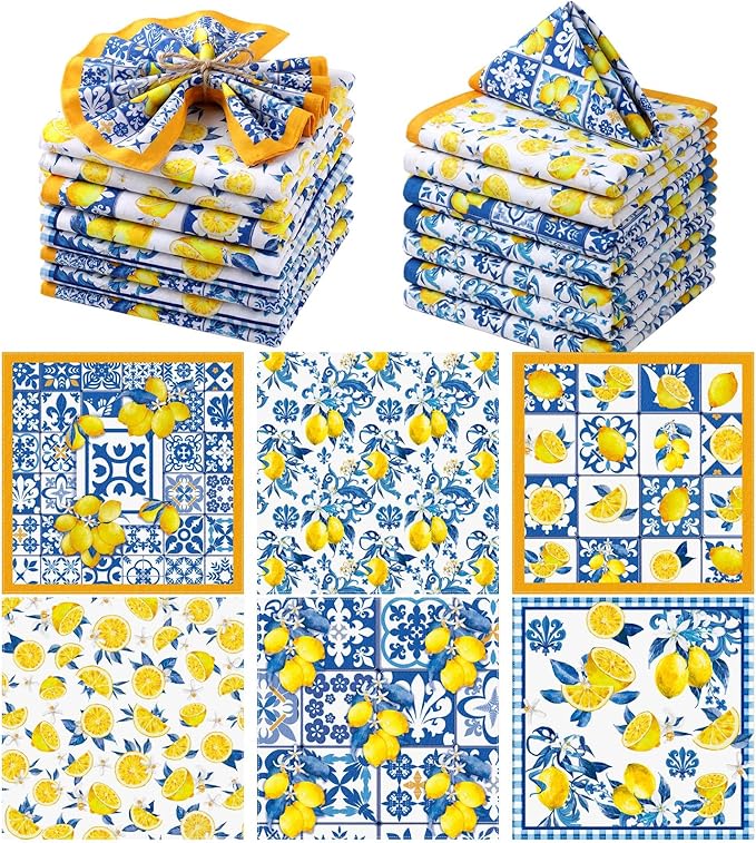 Sratte 12 Pcs Capri Lemon Cloth Napkins Mediterranean Yellow Blue Floral Cloth Napkin Italian Style Dinner Towel Amalfi Coast Party Decorations for Home Dinner Party Kitchen Wedding Cocktail