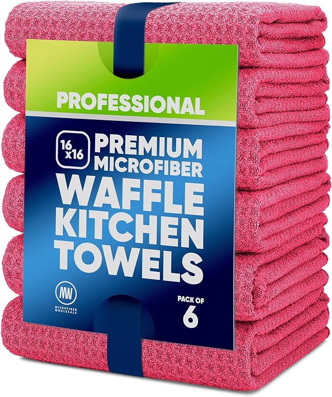 Kitchen Towels - Microfiber Waffle Weave Towels | Absorbent, No Lint, Thick, Reusable, Commercial, Soft, Hand, Tea, Glass, Bar, Sublimation Blank, Polyester Cloths (Red, 16 x 16 (6 Pack))