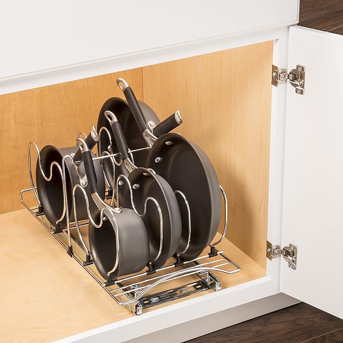 LYNK PROFESSIONAL® Pull Out Cabinet Organizer for Pots and Pans – Under Cabinet Pots and Pans Organizer – Cabinet Slide Out Shelves – Pot and Pan Lid Organizer Rack for Cabinet - 11" W x 21" D, Chrome