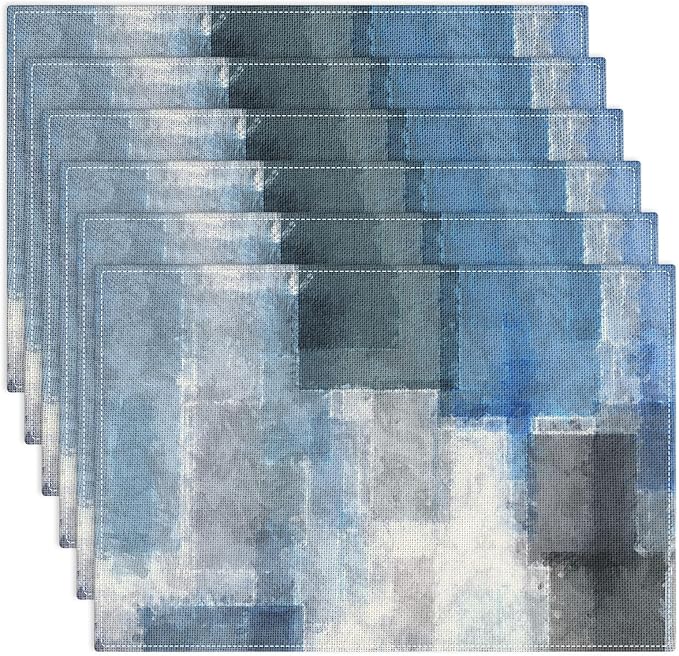 Emvency Farmhouse Placemats Set of 6, Abstract Geometric Blue Modern Grey 12x18 Inch Linen Rectangular Place Table Mats for Indoors & Outdoor Home Party Kitchen Dining Decoration