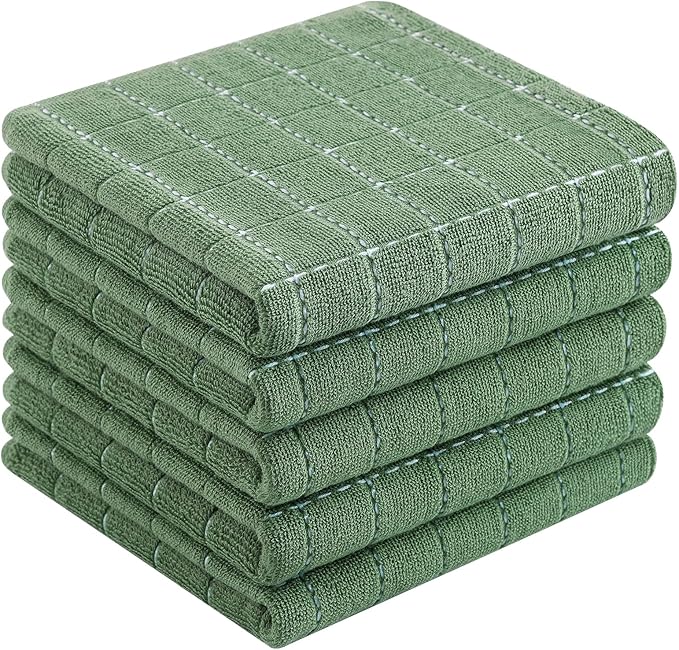 Homaxy 100% Cotton Terry Kitchen Towels(Grass Green, 13 x 28 inches), Checkered Designed, Soft and Super Absorbent Dish Towels, 5 Pack