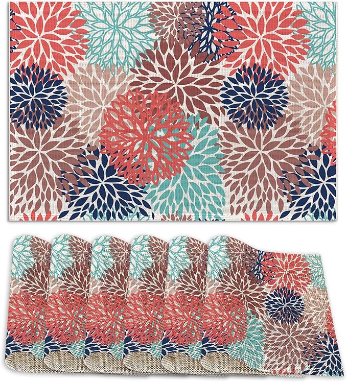 Pink Blue Dahlia Flower Place Mats Set of 6, Table Mats Heat Insulation Non Slip Washable Dining Placemats for Wedding Holiday Party Kitchen Decor 12X18 in