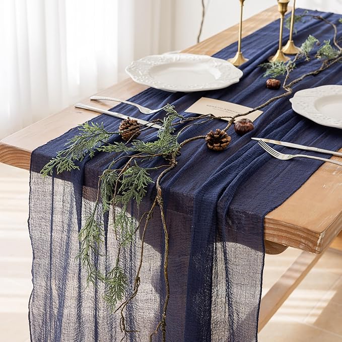 Keketoarrange 3pcs Navy Gauze Rustic Cheesecloth Table Runner 120 Inch 10 FT for Wedding Baby Shower Bridal Shower Birthday Engagement Garden Outdoor Party Long Sheer Boho Decorations