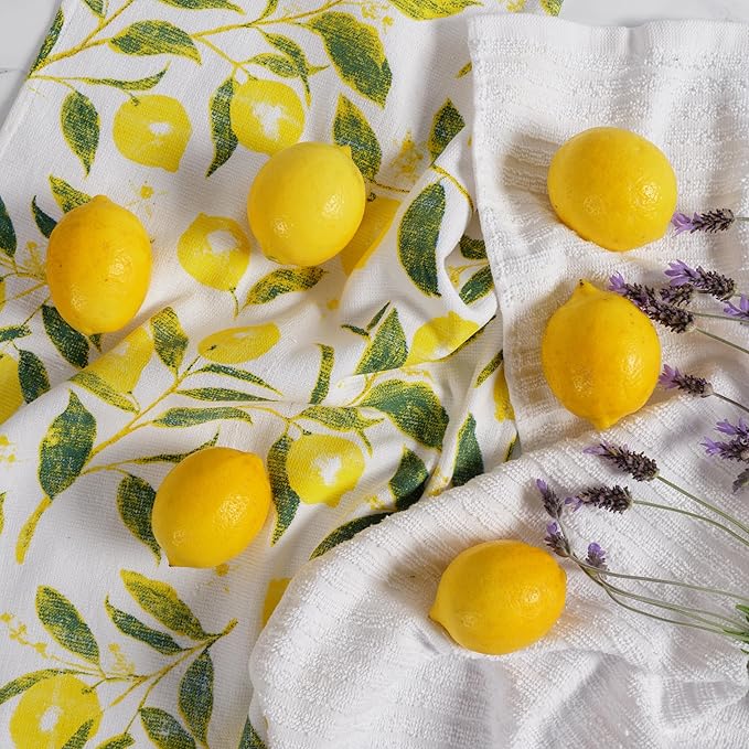 KAF Home Pantry Set of 3 Reverse Terry Print Kitchen Towels, Over-Sized 16 x 28-inch, 100 Percent Cotton (Lemons)
