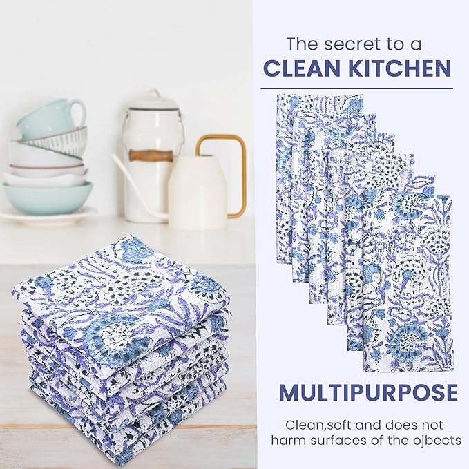 CPC Indigo Blue Hand Block Printed Cotton Waffle Dish Cloth Set of 6-12x12 Inch Super Absorbent, Soft, Reusable Kitchen Towels for Dish Drying & Cleaning Ideal for Spring, Mother's Day