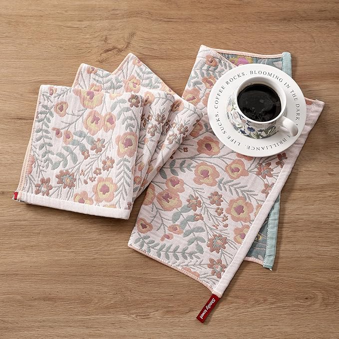 Kitchen Dish Towels for Drying 100% Cotton Set of 4, Ultra Absorbent Quick Drying Thick Reusable Cleaning Decorative Tea Towels with Hanging Loop,Reversible Boho Pretty Hand Towels,Floral