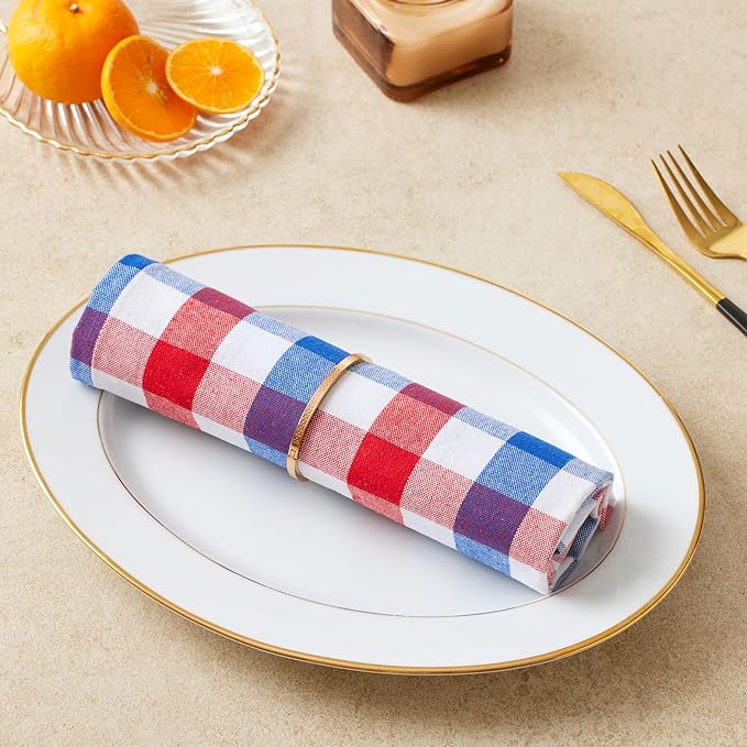 Cloth Napkins Set of 12, 100% Cotton Dinner Napkins 18x18 Inch, Soft Absorbent Gingham Check Napkin for Restaurant, Table Décor, Reusable Washable for Everyday Use - Red/Blue/White