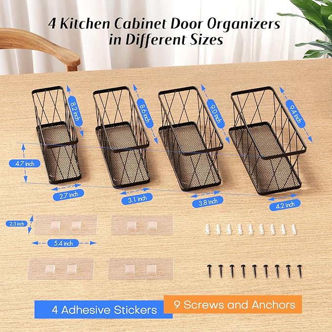 BasicForm 4 Pack Metal Kitchen Inside Cabinet Door Organizer, Adhesive Lid Organizers Cabinet Door Storage for Tupperware Lid, Storage Holder Basket for Kitchen Wall Mounted (Black)