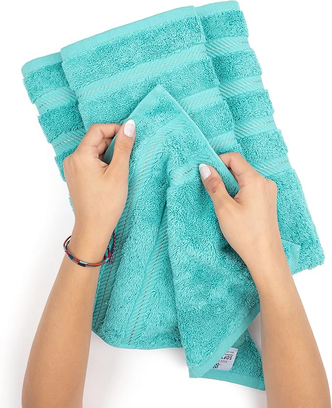 American Soft Linen Luxury Hand Towels for Bathroom, 600 GSM Heawy Weight 16x28 Size 100% Cotton Turkish 4 Piece Hand Face Towel Set, Turquoise Blue Hand Towels
