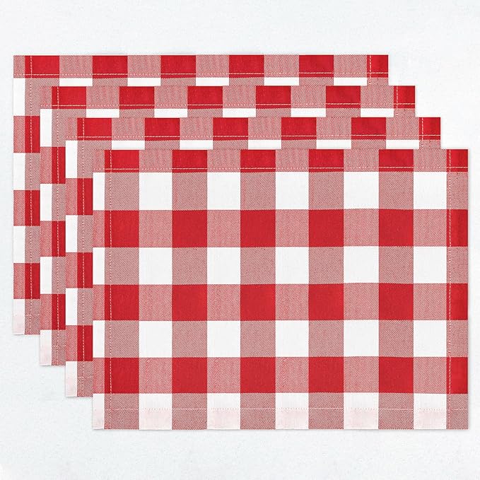 DUOBAO 4 Pack Buffalo Plaid Placemats 12x18 Inch:Checkered Table Mats for Holiday, Weddings & Farmhouse Decor (Red and White Textured Kitchen Accessories)