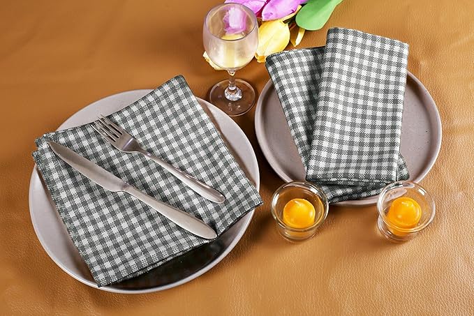 Native Fab Gingham Mini Check Cloth Dinner Napkins - Set of 4-100% Cotton - 16"x16" - Soft, Absorbent, Restaurant Hotel Quality - Easy Care Washable Wedding, Everyday Use - Grey