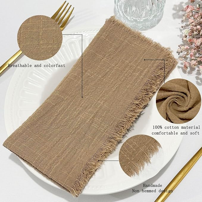 24Pack Coffee Cloth Napkins 17x17Inch Coffee Napkins Cloth with Fringe Soft Cotton Cloth Napkins Washable Rustic Dinner Napkins Cloth for Wedding Party Dinner Table