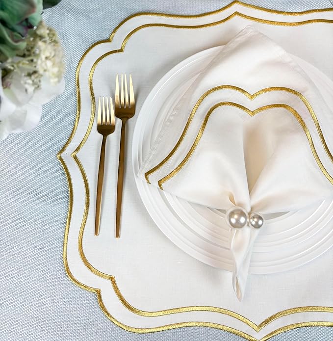 Cotton Linen Placemats Set of 4 - Double Layered, Machine Washable, Wrinkle Resistance, Scalloped & Embroidered Cloth Table Mats - Wedding, Spring mat, Giftable, 19 x 17 inch, Ivory Gold
