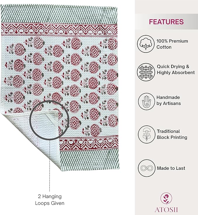 ATOSII 100% Cotton Hand Block Print Waffle Kitchen Towel, Set of 3, 18 x 26 Inches Ultra Absorbent Quick Dry Dish Towels, Lightweight Reusable Sustainable Tea Towels for Cleaning and Drying, Roma Red