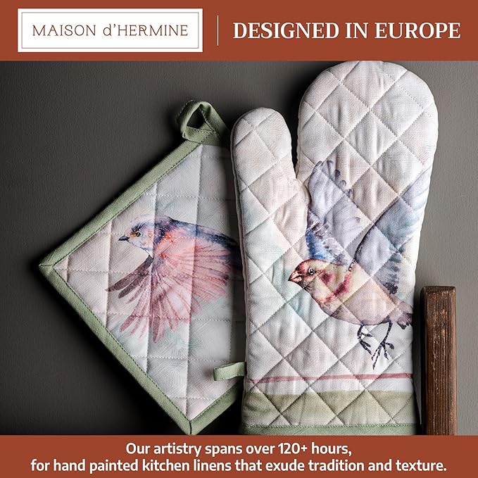 Maison d' Hermine 100% Cotton Oven Mitt & Pot Holder Set (7.5"x13" & 8"x8") Heat Resistant BBQ Cooking Gloves with Loop Baking Grilling Kitchen Gifts for Mothers Day Spring/Summer (Flying Birds)