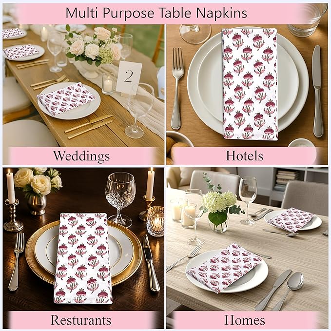 Ridhi Rosewood Pink Meadow Hand Block Print 100% Cotton Napkins 18" x 18" (Set of 4) Reuseable Kitchen Napkins Cloth Decor Dinner Party Cocktail Gift for Spring, Easter, Valentine