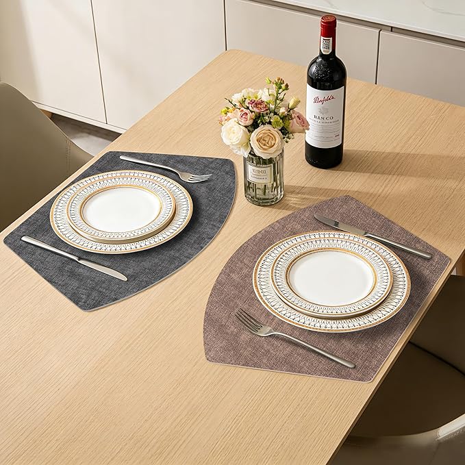 Round Table Placemats Set of 6, Dual-Sided Wedge Shape Faux Leather Table Mats, Washable Wipeable Heat Resistant Place Mats for Outdoor Indoor, Brown Gray