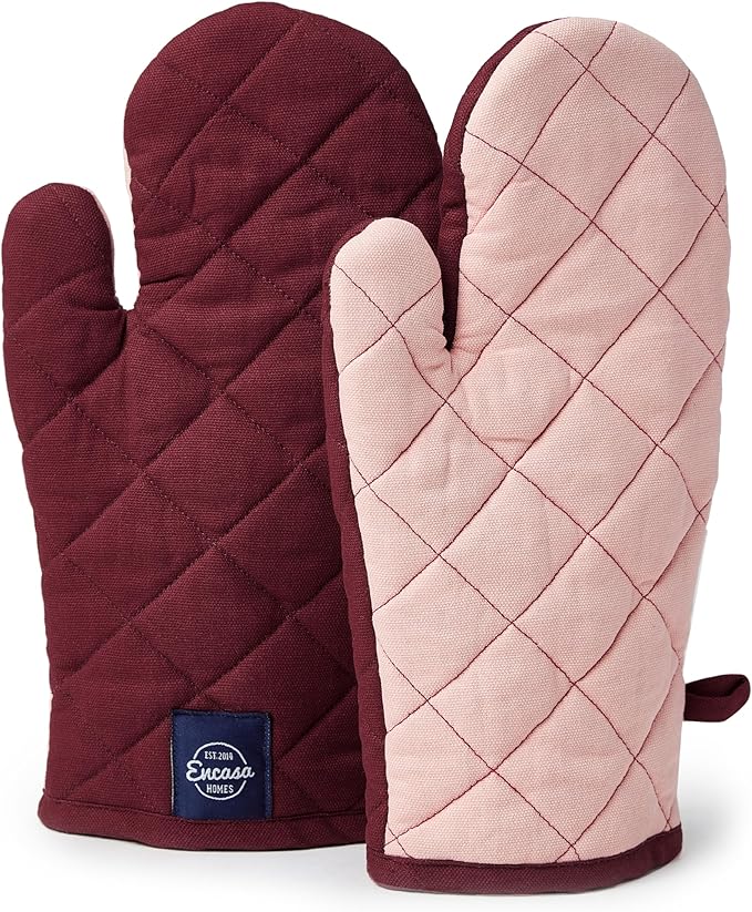 Encasa XO Heat Resistant Cotton Oven Gloves Mitts (2 Pc Set) - Quilted & Safe 12x6.6 in - for Kitchen, Cooking & Baking, Grilling, Handling Hot Pots & Pans - Maroon