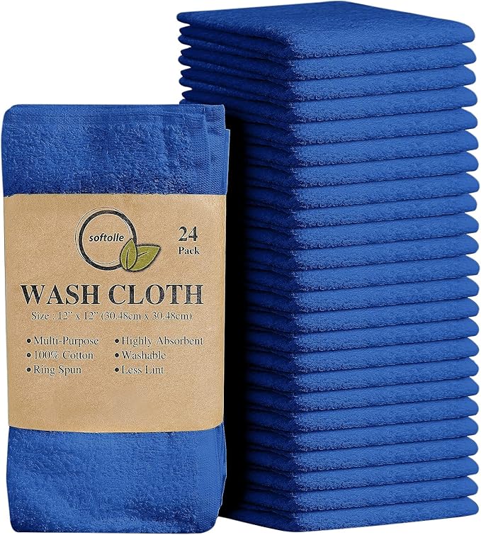 Softolle 100% Cotton Washcloths 24 Pack (12x12 Inches) Soft, Highly Absorbent Washcloth, Face Towels, Wash Cloths for Face, Ring Spun, Bulk Pack (Royal Blue)