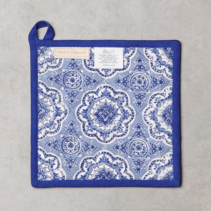 Maison d' Hermine Pot Holders 100% Cotton Heat Resistant Potholders 8" x 8" Hot Pads with Loop BBQ Cooking Baking Gifts for Mothers Day Handling Hot Pans Spring/Summer (Pack of 2, Melodie Bleue)