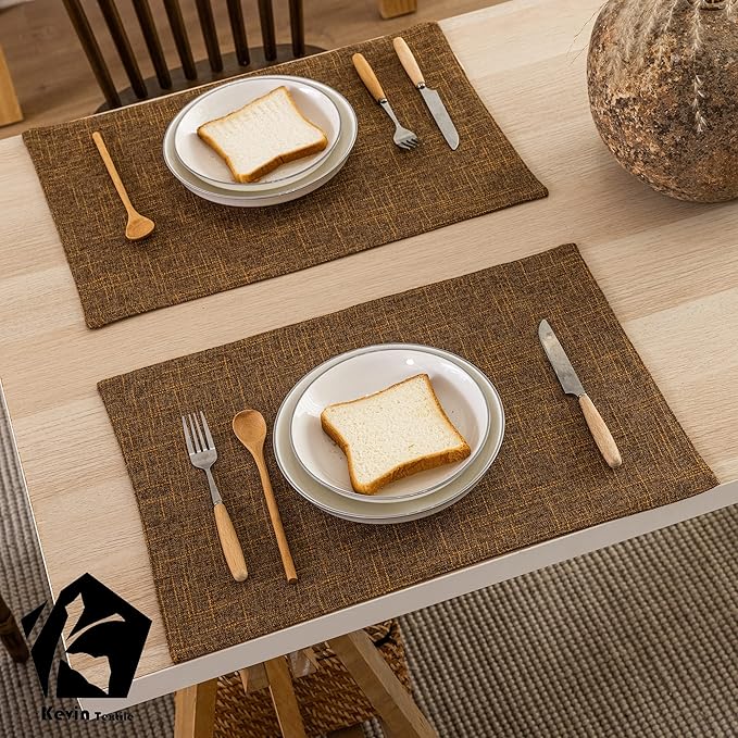 Kevin Textile Burlap Linen Placemats Set of 6 Heat Resistant Dining Table Place Mats Washable Kitchen Table Mats for Dinning Party Holiday Indoor Outdoor, 13 x19 inches, Hazel Brown