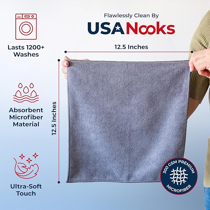 USANOOKS Microfiber Cleaning Cloth Grey - 8 Pcs (12.5"x12.5") - High Performance - 1200 Washes, Ultra Absorbent Microfiber Towel Weave Grime & Liquid for Streak-Free Mirror Shine - Car Washing Cloth