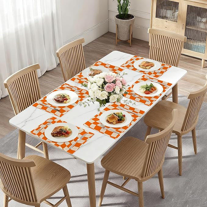 Abstract Orange Plaid Placemats Set of 6,Washable Kitchen Dining Linen Table Mats for Home Party Dinner Indoor Outdoor 12x18Inch
