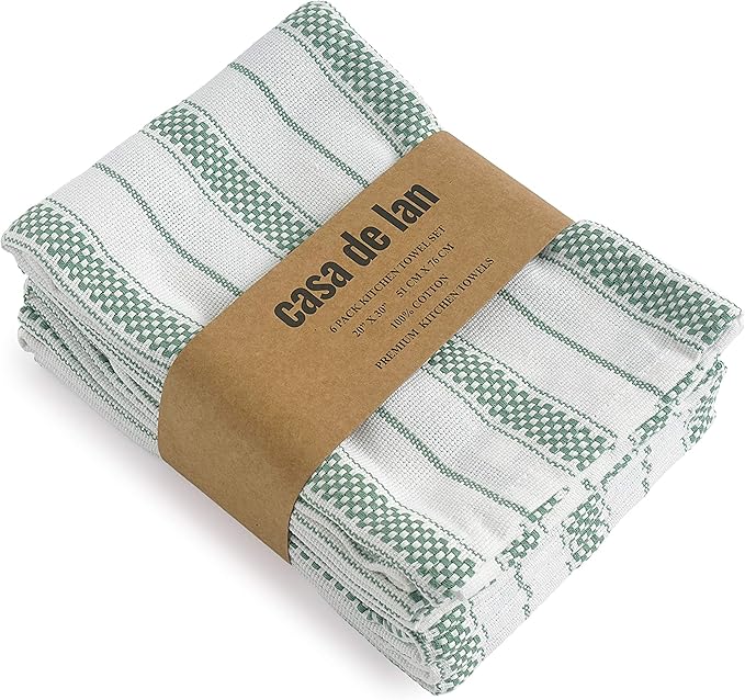 Kitchen Towels Set – Pack of 6 (20’’ x 30’’) Extra Large Premium Cotton Dish Towels for Kitchen – Chain Stripe Towels – Absorbent – 100% Cotton – with Hanging Loop – Green