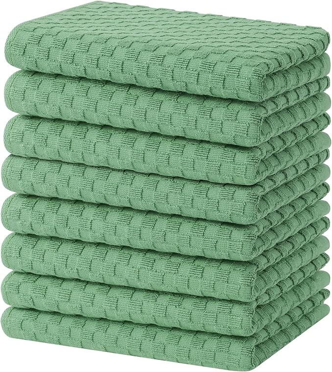 Homaxy 100% Cotton Terry Kitchen Towels(15" x 25", 8 Pack), Soft and Super Absorbent Dish Towels, 380 GSM Reusable Tea Towel with Hanging Loop, Pineapple Grid Designed, Grass Green