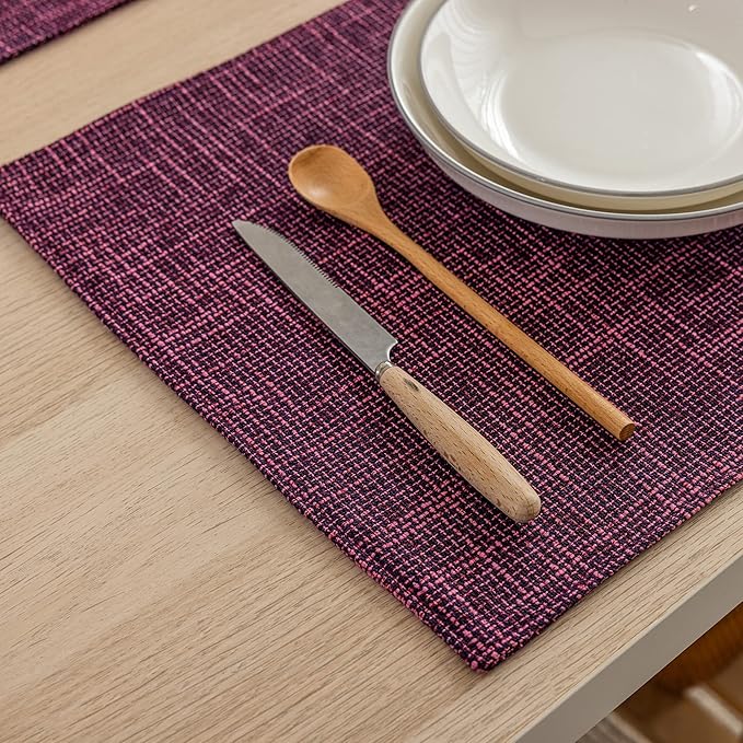 Kevin Textile Burlap Linen Placemats Set of 6 Heat Resistant Dining Table Place Mats Washable Kitchen Table Mats for Dinning Party Holiday Indoor Outdoor, 13 x19 inches, Red Purple