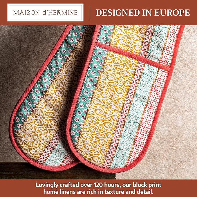 Maison d' Hermine Double Oven Mitts 100% Cotton 7"x35" Double Oven Mitt Heat Resistant BBQ Cooking Gloves with Loop Baking Grilling Gifts for Mothers Day Spring Summer (Provence)