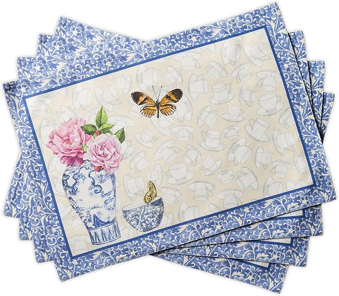 Maison d' Hermine Placemats Set of 4 100% Cotton Washable Cloth Place Mats Reusable Table Mats for Kitchen Dining Party Wedding Gifts for Mothers Day Spring/Summer (Canton, 13" x 19")