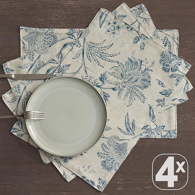 JINCHAN Linen Floral Placemats Set of 4 Cloth Table Mats Rustic Cottagecore Jacobean Outdoor Seasonal for Kitchen Dining Table Decor Washable Tablemats 13x19 Inch Blue
