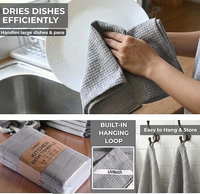 Highly Absorbent Cotton Dish Towels for Drying - Set of 6 Light Gray Kitchen Towels - 18"X28" Lint Free Waffle Weave Cloth Linen Hand Bathroom Bulk Dishtowels