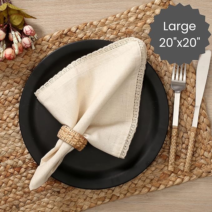 Cotton Clinic 12 Pack Cloth Dinner Napkins with Decorative Lace Oversized 20x20, Linen Cotton Fabric Tailored with Mitered Corner - Cocktail Napkins, Wedding Dinner Napkins Natural