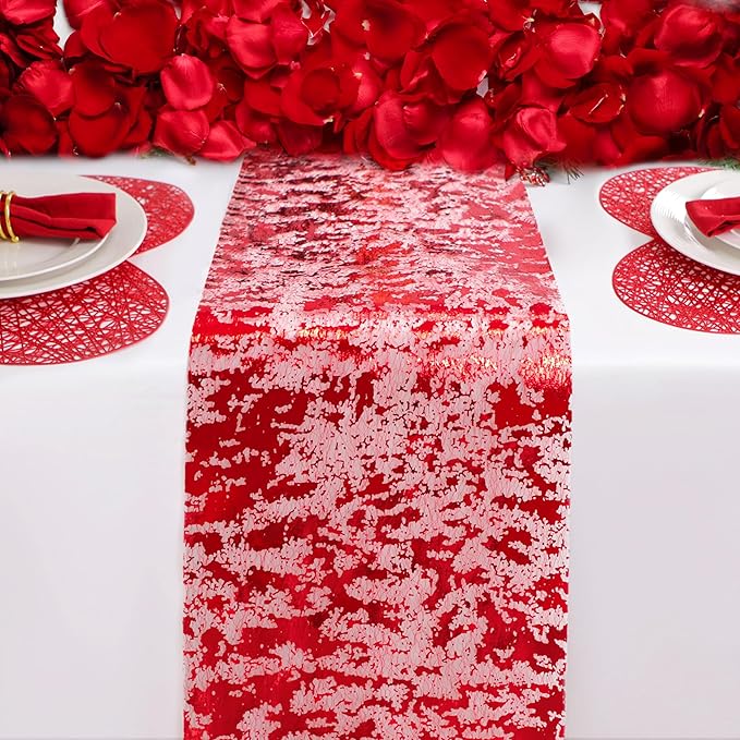 Snowkingdom Red Sparkly Table Runner Glitter Sequin Glitter Metallic Foil Mesh Lace 11 Inch x 49 Feet Long Roll Centerpieces Decorations for Wedding Anniversary Mother's Day Valentine Party Birthday
