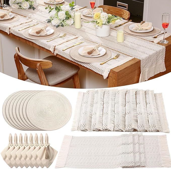 8 Sets Boho Placemats Set Round Woven Placemats, Cloth Napkins, Wood Bead Napkin Rings, White Table Runner with Tassel and Farmhouse Rustic Cotton Burlap for Kitchen (Style 1)