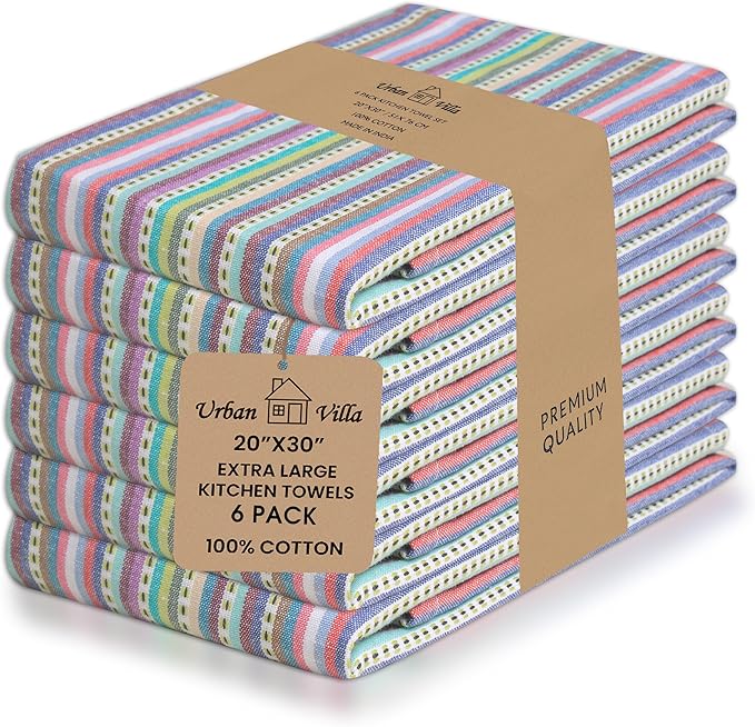 Urban Villa Kitchen Towels 100% Cotton Dish Towels for Kitchen(Set of 6)20”x30” Dish Cloths Highly Absorbent Kitchen Linen Set with Hanging Loop Perfect for Drying Dishes Cleaning Towels-Blue Stripes