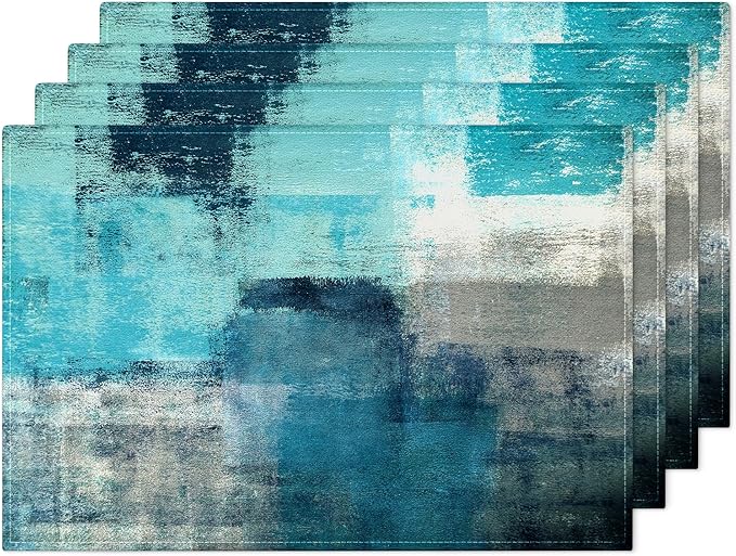 Teal and Gray Placemats Washable, Linen Rectangular Place Mats Set of 4, Dining Table Decor for Living Room, Kitchen, Farmhouse and Outdoor