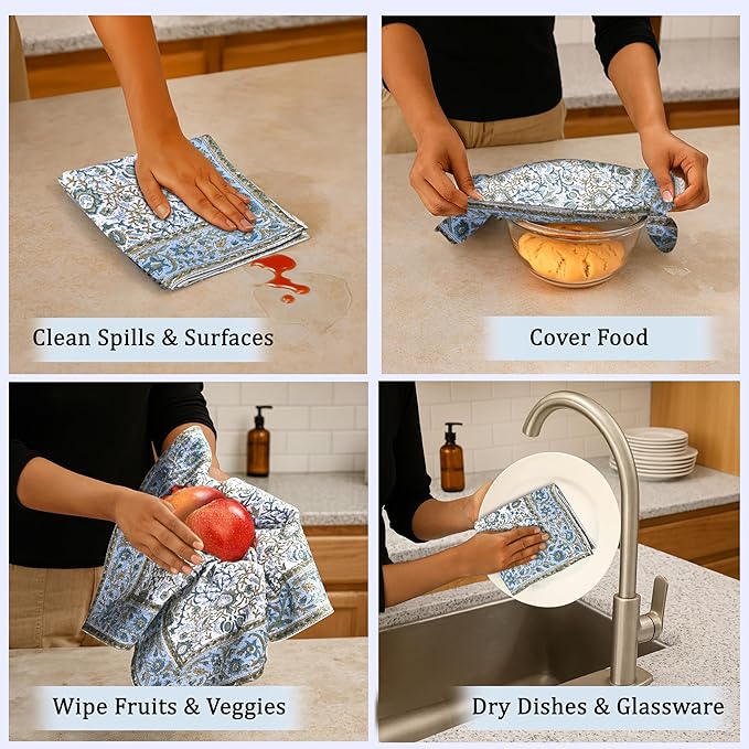 Ridhi Indigo Blue Hand Block Print Waffle Kitchen Towel Set of 3-16 x28 Ultra Absorbent Quick Dry 100% Cotton Dish Towels Lightweight Reusable Sustainable Tea Towels for Cleaning and Drying