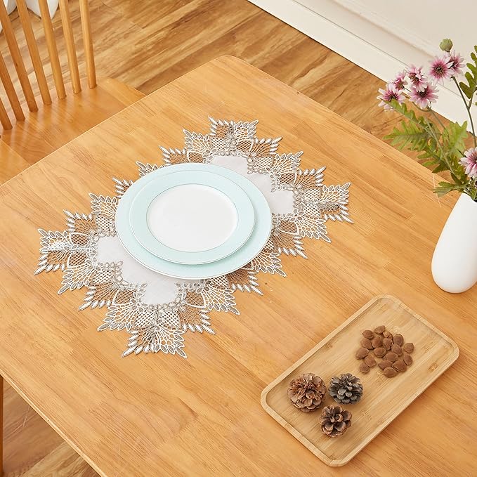White Linen Placemats 14”x20” Set of 4, Neutral Earth Tones Beige Lace Coffee Table Topper Dresser Scarf Place Mats (Set of 4, White)