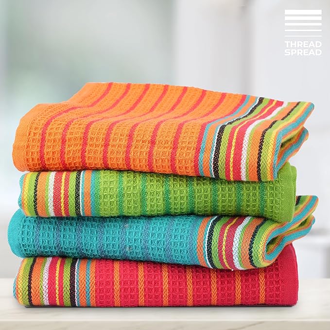 THREAD SPREAD Kitchen Dish Towels, 100% Cotton Salsa Towels, Set of 4 (16x28 Inches), Multi Purpose Cooking Drying Restaurant Bar Cleaning Cloth Napkin, Highly Absorbent, Lint Free (Red & Orange)