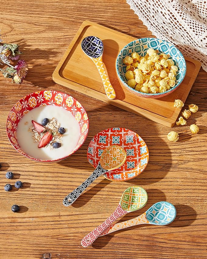 Metahom Ceramic Small Serving Spoons, Colorful Soup Spoon Set for Cereal, Yogurt, Dips, Ice Cream, Ramen, Dishwasher & Microwave Safe, Cute Decorative Spoon Set of 6